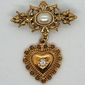 Goldtone Heart and Pearl Rhinestone Brooch